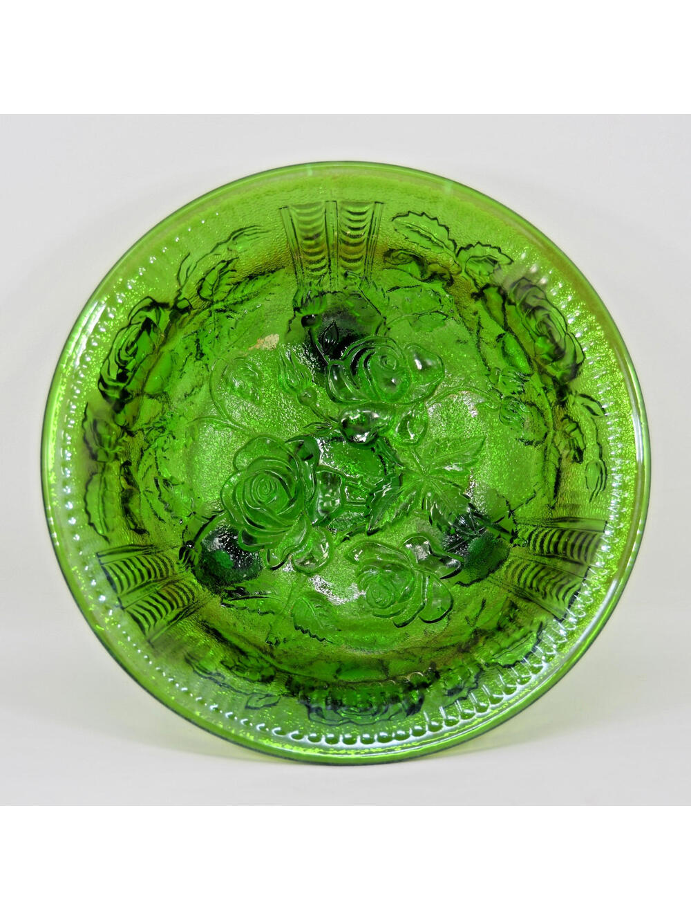 Vintage Imperial Carnival Glass Open Lustre Rose Variant Footed Bowl Green 8"
